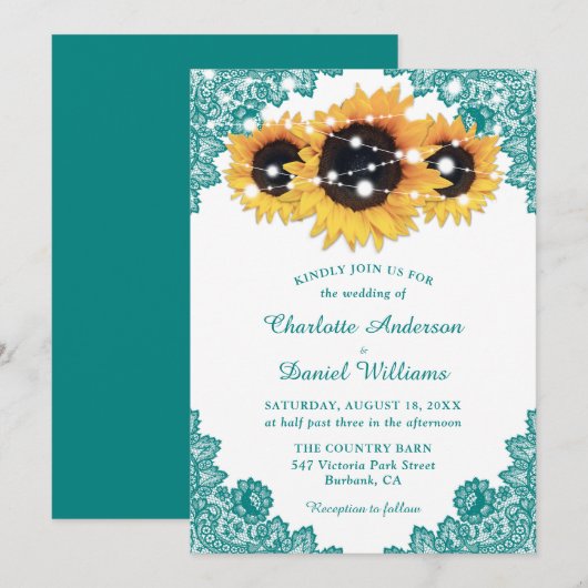 Rustic Chic Blauwgroen Lace Sunflower Wedding Kaart (Voorkant / Achterkant)