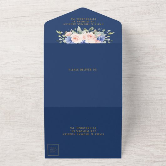 Rustic Chic Blush Blue Floral Greenery Wedding All In One Uitnodiging (Buitenkant)