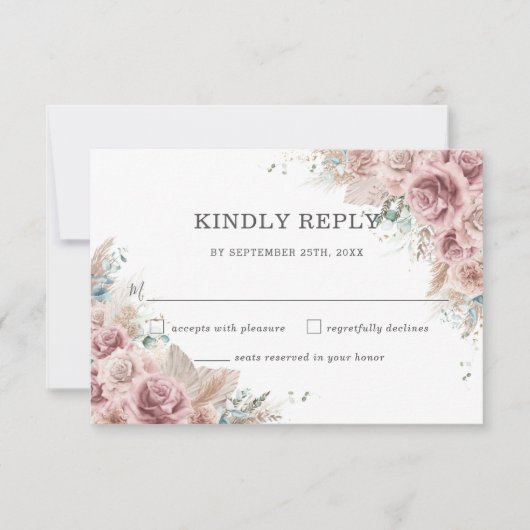 Rustic Chic Blush Dusty Roos Floral Pampas Wedding RSVP Kaartje (Voorkant)