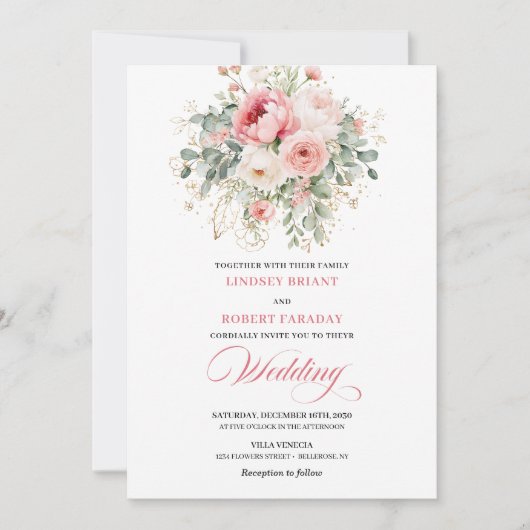 Rustic Chic Blush Roses Wedding Invitation Kaart (Voorkant)