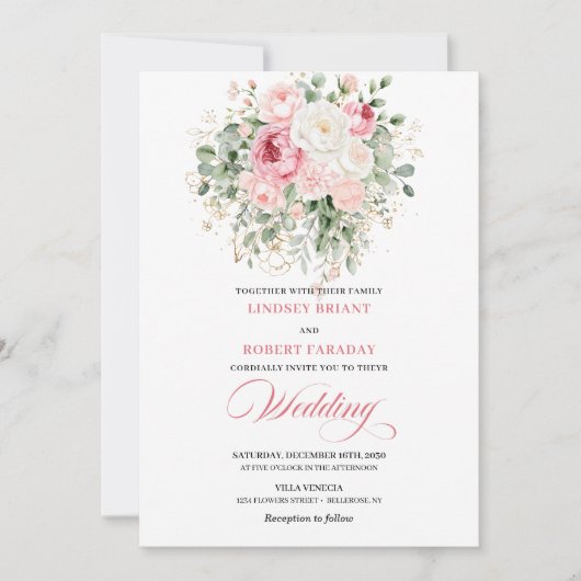 Rustic Chic Blush Roses Wedding Invitation Kaart (Voorkant)
