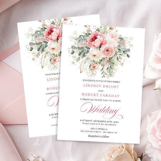 Rustic Chic Blush Roses Wedding Invitation Kaart
