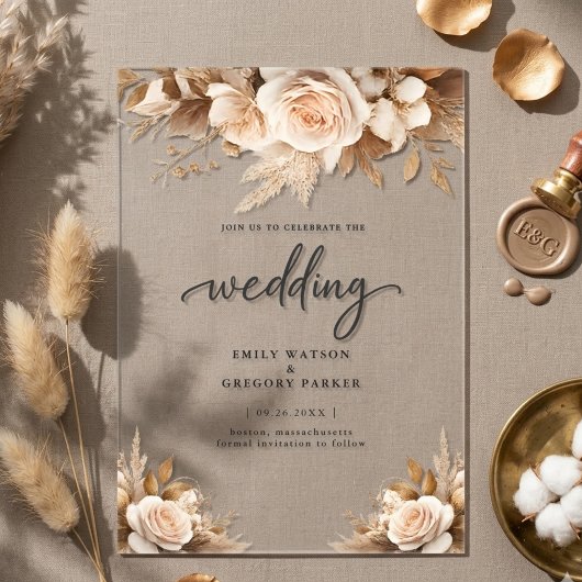 Rustic Chic Boho Blush Floral Wedding Acryl Uitnodigingen