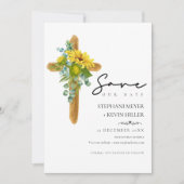 Rustic Chic Boho Sunflower Cross Wood Weddenschap Save The Date (Voorkant)