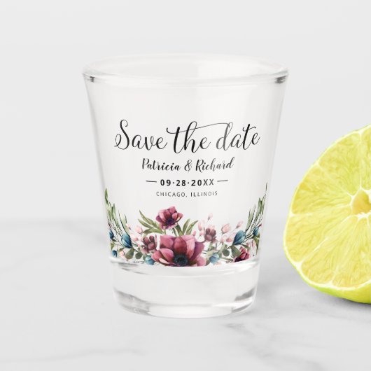Rustic Chic Bourgogne Bloem Bruiloft Save The Date Shot Glas (Voorkant)