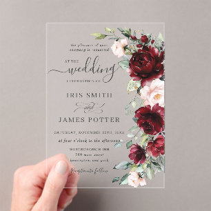 Rustic Chic Burgundy Blush Pink Floral Wedding Acryl Uitnodigingen