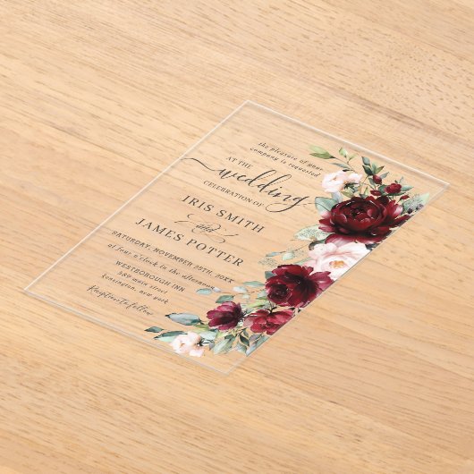Rustic Chic Burgundy Blush Pink Floral Wedding Acryl Uitnodigingen (Laagn)