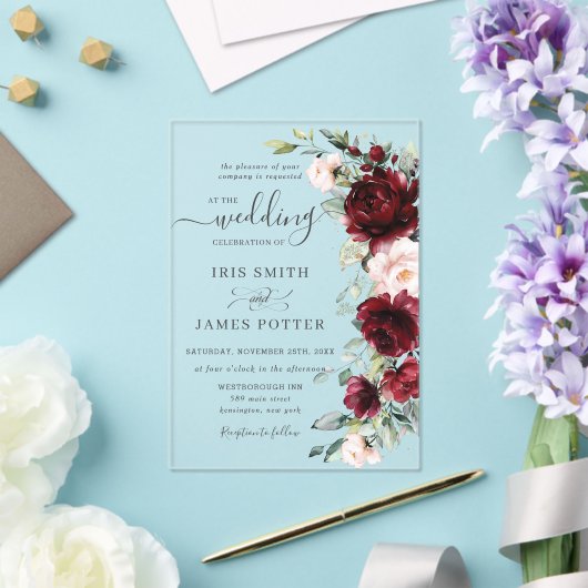 Rustic Chic Burgundy Blush Pink Floral Wedding Acryl Uitnodigingen (Insitu (Huwelijk))