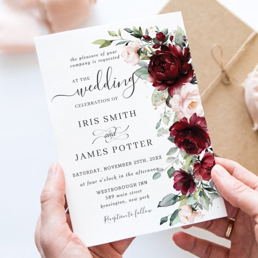 Rustic Chic Burgundy Blush Pink Floral Wedding Kaart