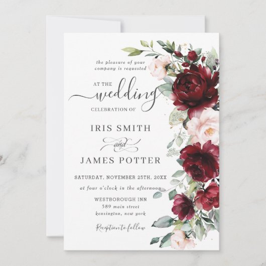 Rustic Chic Burgundy Blush Pink Floral Wedding Kaart (Voorkant)
