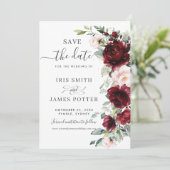 Rustic Chic Burgundy Blush Pink Floral Wedding Save The Date (Staand voorkant)