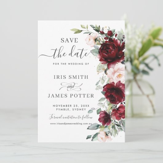 Rustic Chic Burgundy Blush Pink Floral Wedding Save The Date (Staand voorkant)