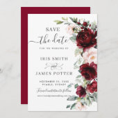 Rustic Chic Burgundy Blush Pink Floral Wedding Save The Date (Voorkant / Achterkant)