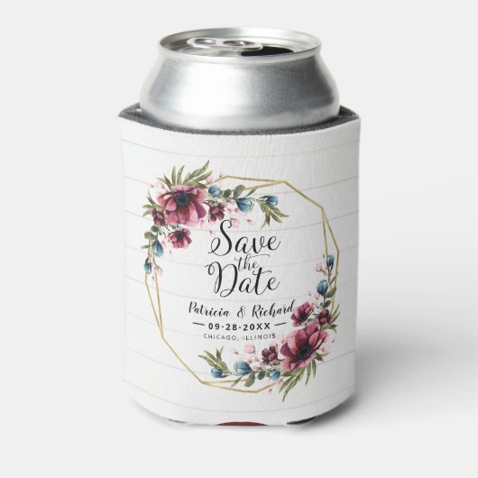 Rustic Chic Burgundy Floral Wedding Save the Date Blikjeskoeler (Blikje Achterkant)