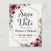 Rustic Chic Burgundy Floral Wedding Save the Date Briefkaart (Voorkant)