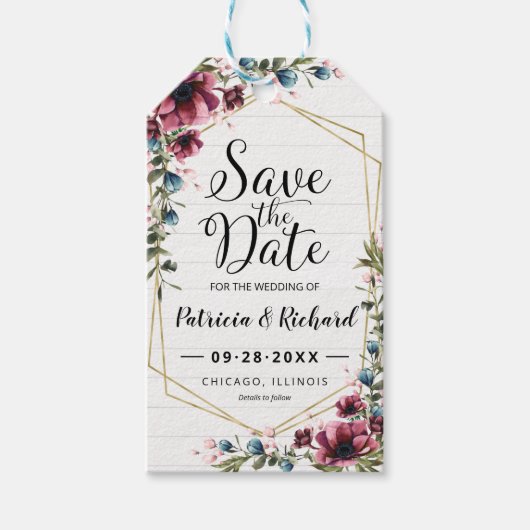 Rustic Chic Burgundy Floral Wedding Save the Date Cadeaulabel (Voorkant)