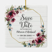 Rustic Chic Burgundy Floral Wedding Save the Date Keramisch Ornament (Achterkant)