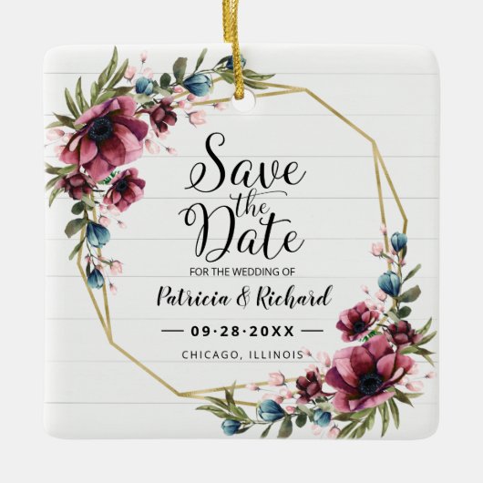 Rustic Chic Burgundy Floral Wedding Save the Date Keramisch Ornament (Voorkant)