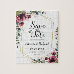 Rustic Chic Burgundy Floral Wedding Save the Date Legpuzzel