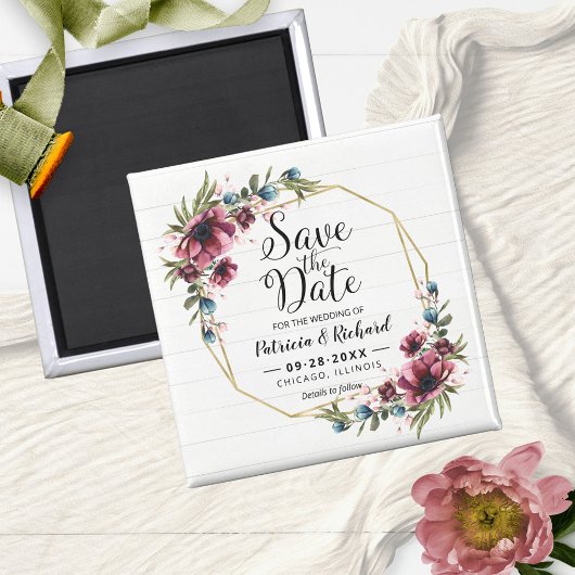 Rustic Chic Burgundy Floral Wedding Save the Date Magneet
