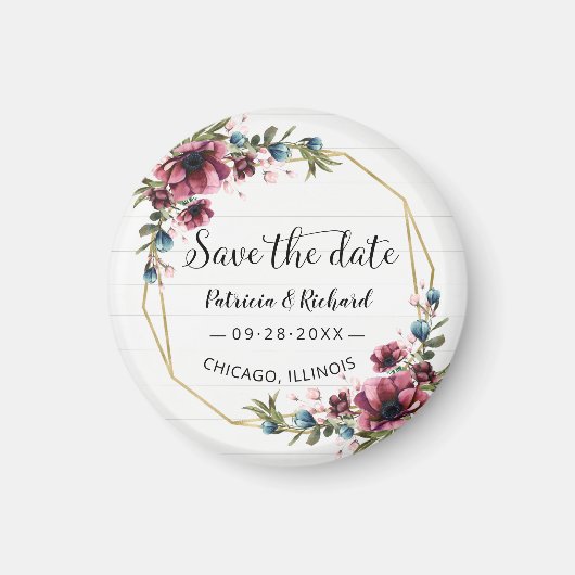 Rustic Chic Burgundy Floral Wedding Save the Date Magneet (Voorkant)