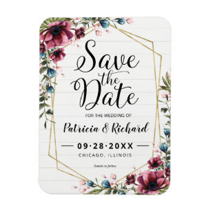 Rustic Chic Burgundy Floral Wedding Save the Date Magneet