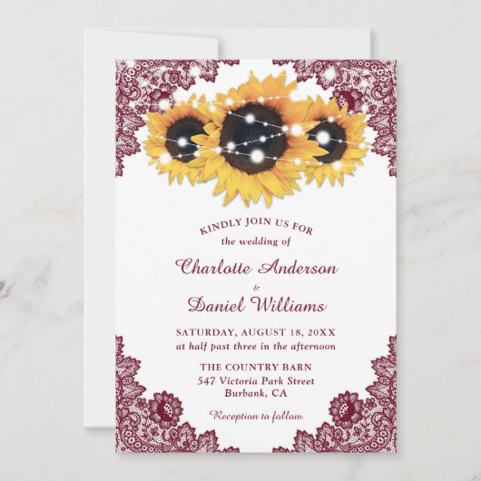 Rustic Chic Burgundy Lace Sunflower Wedding Kaart (Voorkant)