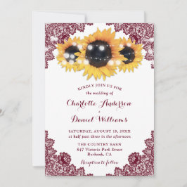 Rustic Chic Burgundy Lace Sunflower Wedding Kaart