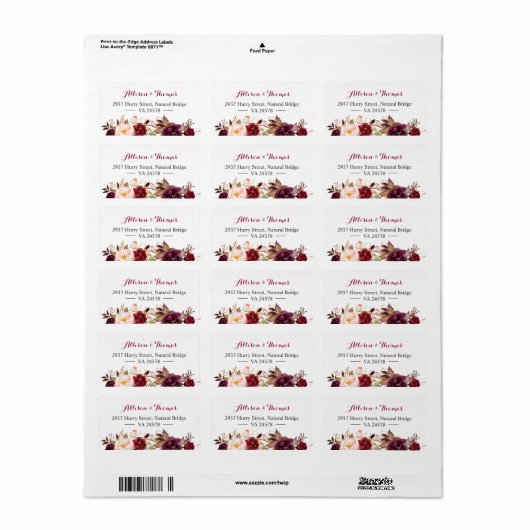 Rustic Chic Burgundy Marsala Rood Bloem Bruiloft Etiket (Full Sheet)