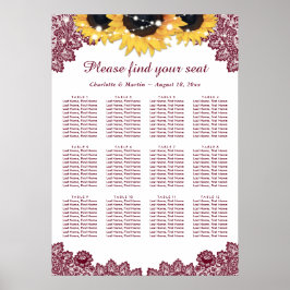 Rustic Chic Burgundy Sunflower Seating Chart 12 Poster