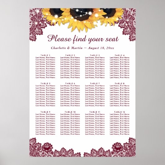 Rustic Chic Burgundy Sunflower Seating Chart 12 Poster (Voorkant)
