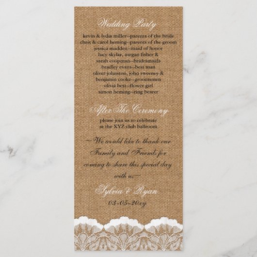 Rustic Chic burlap en lace country bruiloft Programmakaart (Achterkant)