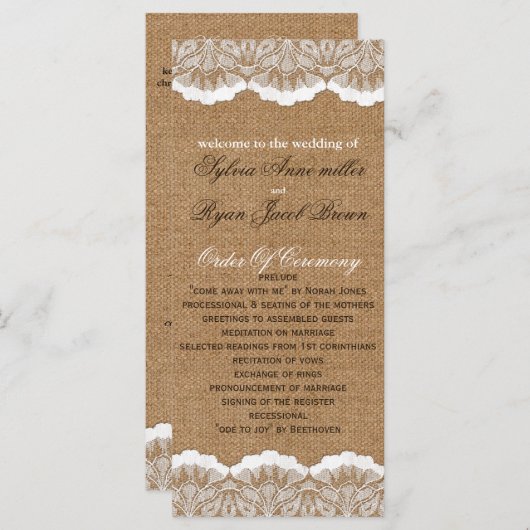 Rustic Chic burlap en lace country bruiloft Programmakaart (Voorkant / Achterkant)