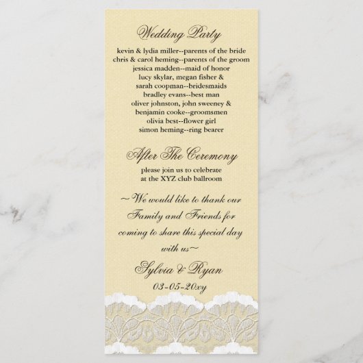 Rustic Chic burlap en lace country bruiloft Programmakaart (Achterkant)