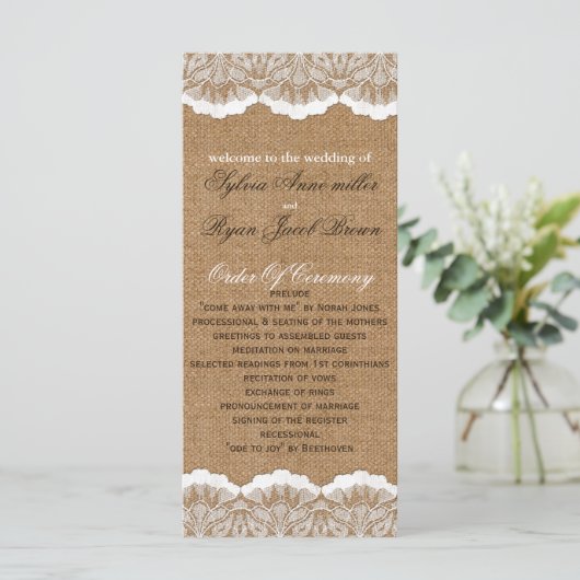 Rustic Chic burlap en lace country bruiloft Programmakaart (Staand voorkant)