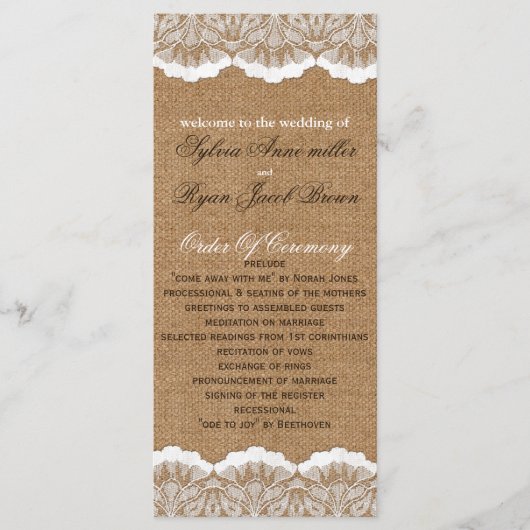Rustic Chic burlap en lace country bruiloft Programmakaart (Voorkant)