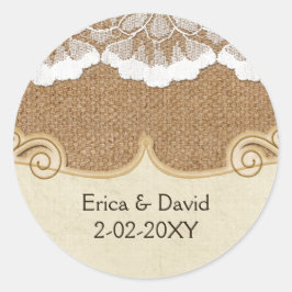 Rustic Chic burlap en lace country bruiloft Ronde Sticker