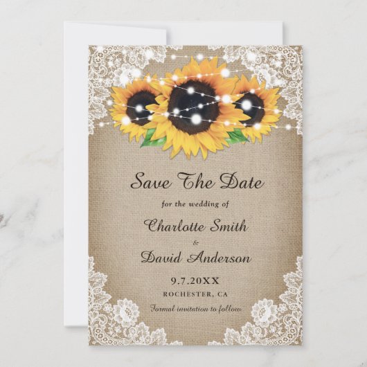 Rustic Chic Burlap en Lace Sunflower Save The Date (Voorkant)