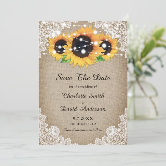 Rustic Chic Burlap en Lace Sunflower Save The Date (Staand voorkant)