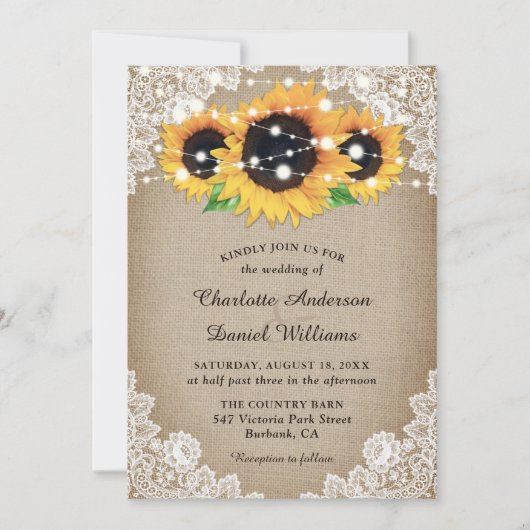 Rustic Chic Burlap en Lace Sunflower Wedding Kaart (Voorkant)