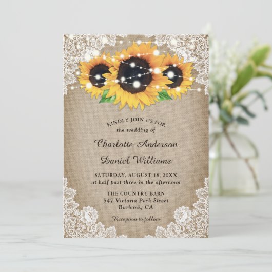 Rustic Chic Burlap en Lace Sunflower Wedding Kaart (Staand voorkant)