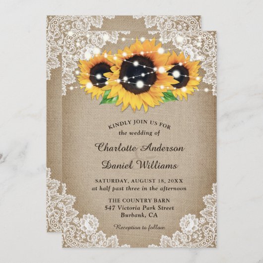 Rustic Chic Burlap en Lace Sunflower Wedding Kaart (Voorkant / Achterkant)