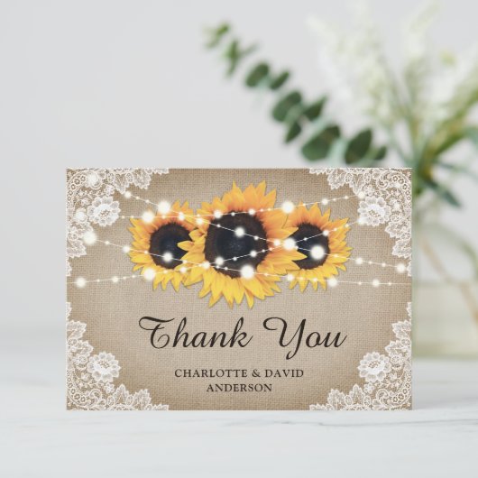 Rustic Chic  Burlap Lace Sunflower Wedding Bedankkaart (Staand voorkant)