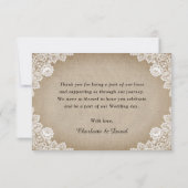 Rustic Chic  Burlap Lace Sunflower Wedding Bedankkaart (Achterkant)