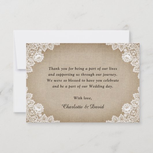 Rustic Chic  Burlap Lace Sunflower Wedding Bedankkaart (Achterkant)