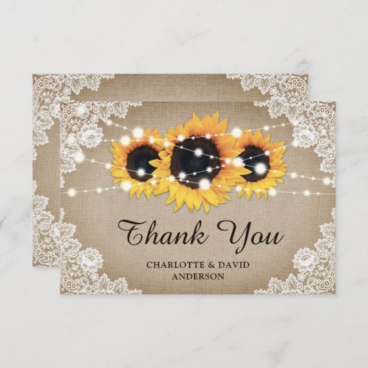 Rustic Chic  Burlap Lace Sunflower Wedding Bedankkaart (Voorkant / Achterkant)