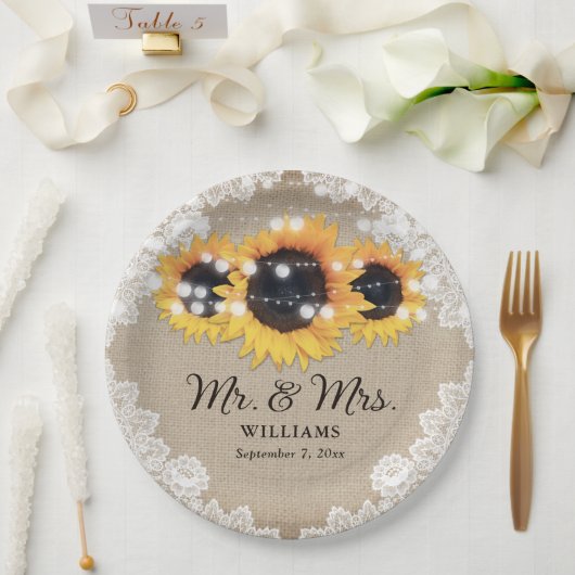 Rustic Chic Burlap Lace Sunflower Wedding Papieren Bordje (Huwelijk)