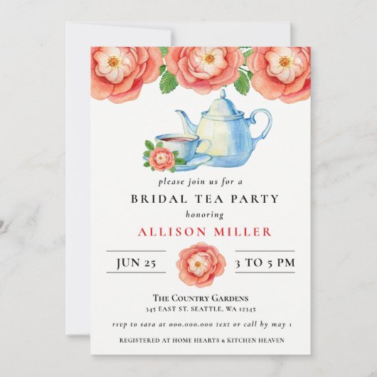 Rustic Chic Coral Floral Tea Party Vrijgezellenfee Kaart (Voorkant)