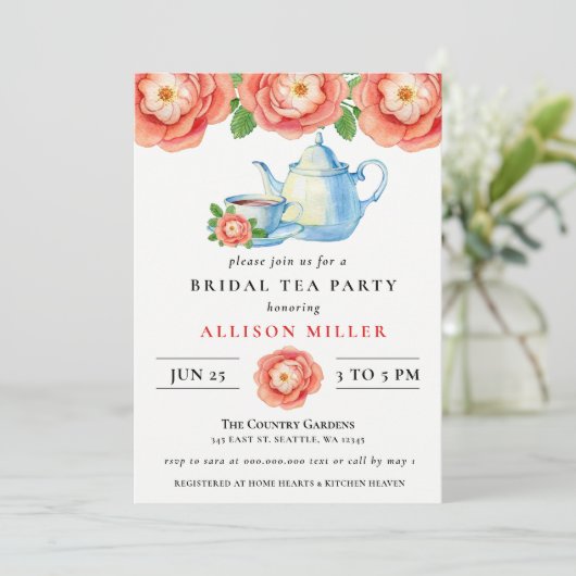 Rustic Chic Coral Floral Tea Party Vrijgezellenfee Kaart (Staand voorkant)
