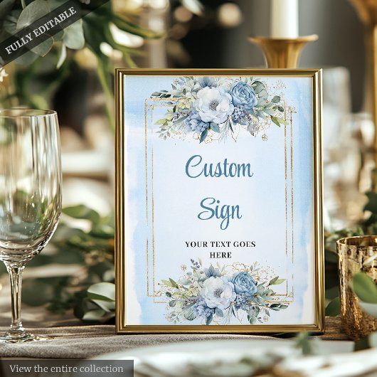 Rustic Chic Dusty Blue Greenery Gold Custom Sign Poster